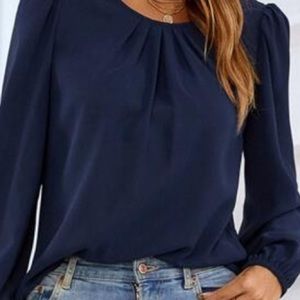 Bishop Sleeve Blouse Solid /Navy Large